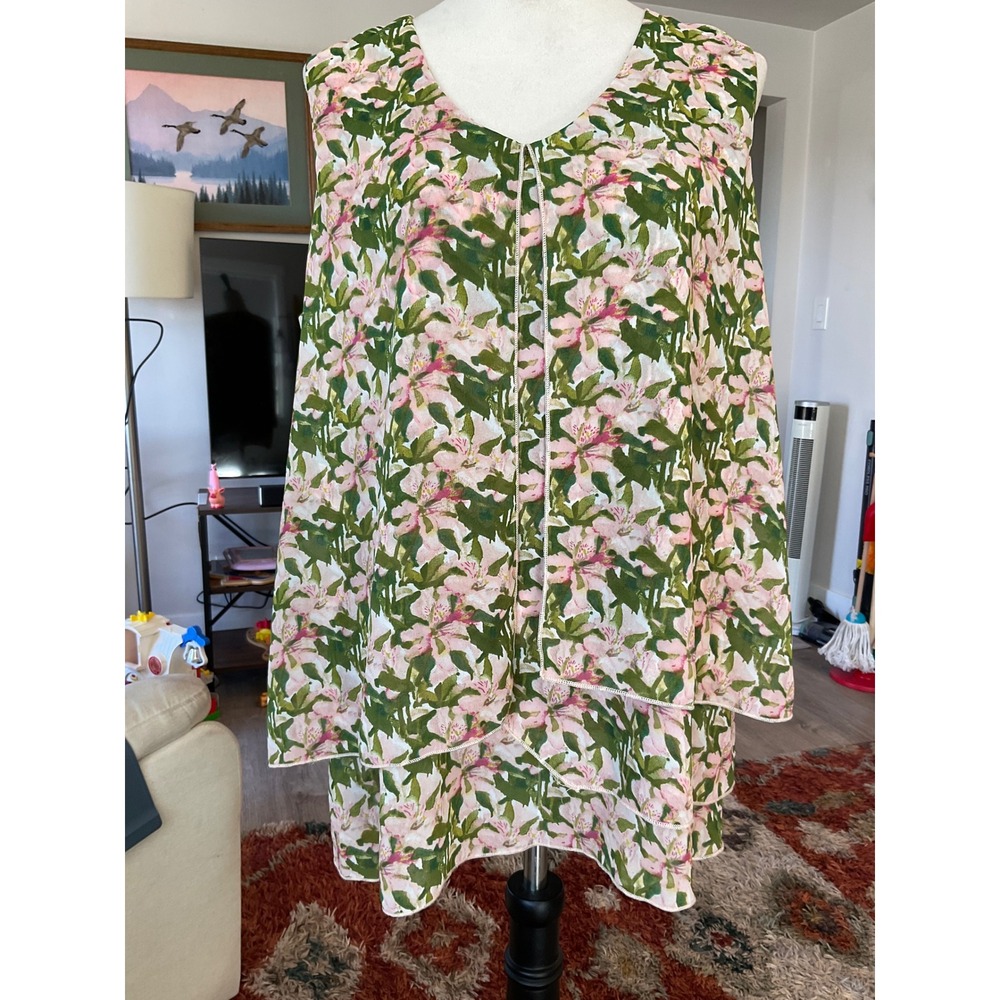 NorthStyle Pink Green Floral Tiered Sleeveless V-Neck Blouse Top Large